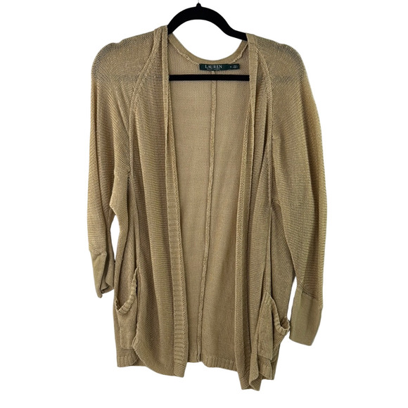 Lauren Ralph Lauren  Women's Tan Linen Blend Oversized Pocket Open-Front Sweater - Picture 1 of 9